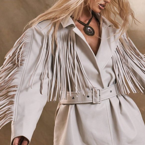 Beige Boho Women's Western Fringe Woven Fabric Jacket Coat - Picture 5 of 5